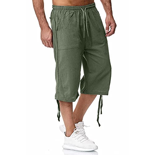 Cocila Leinenhose Herren Kurz 3/4 Cargo Hose Einfarbig Sommerhose Freizeithose Männer Leinen Sporthose Jogginghose Loose Strandhosen Herrenhose mit Tasche von Cocila