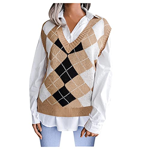 Cocila Pullunder Damen Strick V Ausschnitt Kariert Weste Strickweste Lang Ärmellos Preppy Style Argyle Karo Weste Herbst Winter von Cocila