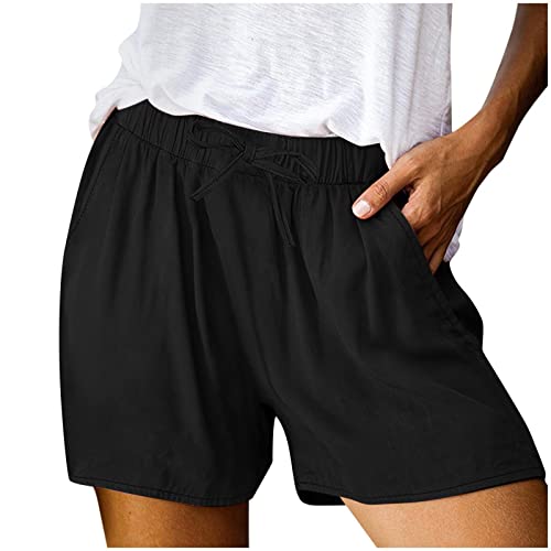 Cocila Shorts Damen Sommer Einfarbige Damenhose Locker Passform Hosen Hohe Taille Straight Bein Short Gummiband Kordelzug Strandshort von Cocila