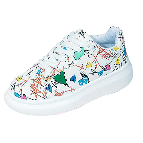 Cocila Sneaker Damen Weiss Leder Plateau Bunte Graffiti Low-Cut Turnschuhe Casual Wedge Flache Schnürschuhe Frauen Sommer Freizeitschuhe von Cocila