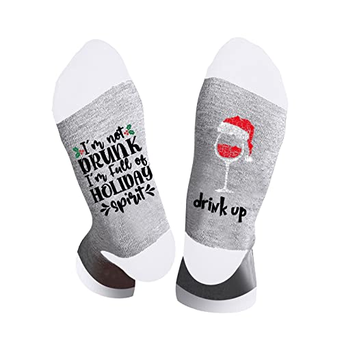 Cocila Sneaker Socken Damen Herren Weihnachten Unisex Drink Up Rotweingläser Druck Farbblock Buchstaben Thermische Kuschelige Warme Hausschuhe Weiche Schwarze (Grey, One Size) 39-42 Weisse von Cocila