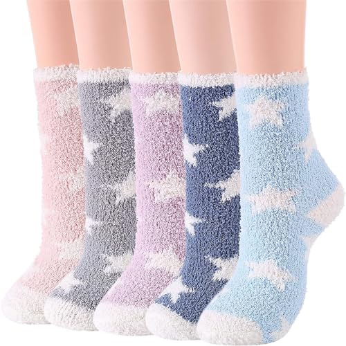 Cocila Socken Damen Herren Flauschige Damen-Socken Für Den Winter Warm Weich Gemütlich Flauschig Mikrofaser Hausschlafsocken Weihnachtsgeschenke 5 Paar Bunter Stern Sneaker Rosa Einheitsgröße von Cocila