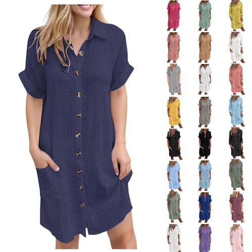 Cocila Sommer Musselin Kleid Damen Sommerkleid Mit Taschen Blusenkleid Große Größen Kurzarm Wickelkleid Leicht Und Luftig Strandkleider V-Ausschnitt Hemdkleid Mit Knopfleiste Freizeitkleid von Cocila