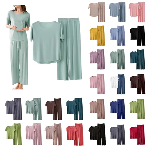 Cocila Sommer Schlafanzug Damen Pyjamas Set Kurzarm Nachtwäsche Set Casual Zweiteiliger mit Lang Pyjamahose und Shirt Licht und Ausschreibung Elastischer Bund Sleepwear von Cocila
