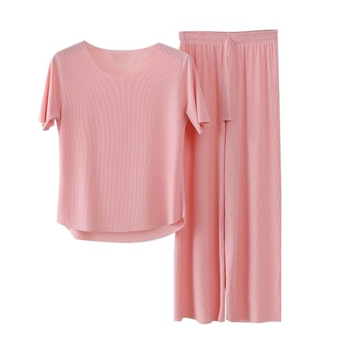 Cocila Sommer Schlafanzug Damen Pyjamas Set Kurzarm Nachtwäsche Set Casual Zweiteiliger mit Lang Pyjamahose und Shirt Licht und Ausschreibung Elastischer Bund Sleepwear von Cocila