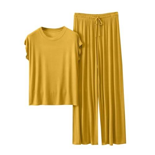 Cocila Sommer Schlafanzug Damen Pyjamas Set Kurzarm Nachtwäsche Set Casual Zweiteiliger mit Lang Pyjamahose und Shirt Licht und Ausschreibung Elastischer Bund Sleepwear von Cocila