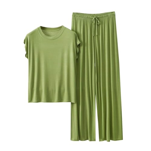 Cocila Sommer Schlafanzug Damen Pyjamas Set Kurzarm Nachtwäsche Set Casual Zweiteiliger mit Lang Pyjamahose und Shirt Licht und Ausschreibung Elastischer Bund Sleepwear von Cocila