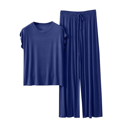 Cocila Sommer Schlafanzug Damen Pyjamas Set Kurzarm Nachtwäsche Set Casual Zweiteiliger mit Lang Pyjamahose und Shirt Licht und Ausschreibung Elastischer Bund Sleepwear von Cocila
