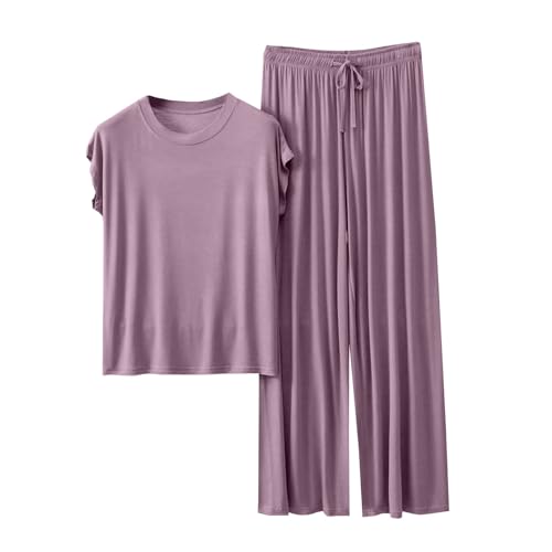 Cocila Sommer Schlafanzug Damen Pyjamas Set Kurzarm Nachtwäsche Set Casual Zweiteiliger mit Lang Pyjamahose und Shirt Licht und Ausschreibung Elastischer Bund Sleepwear von Cocila