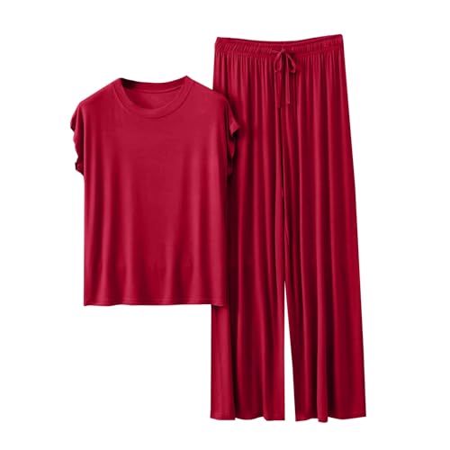 Cocila Sommer Schlafanzug Damen Pyjamas Set Kurzarm Nachtwäsche Set Casual Zweiteiliger mit Lang Pyjamahose und Shirt Licht und Ausschreibung Elastischer Bund Sleepwear von Cocila