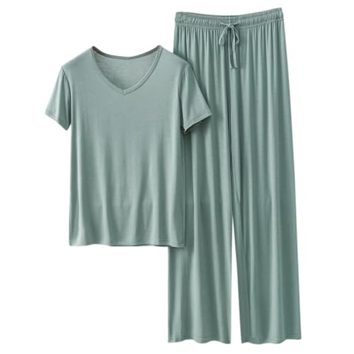 Cocila Sommer Schlafanzug Damen Pyjamas Set Kurzarm Nachtwäsche Set Casual Zweiteiliger mit Lang Pyjamahose und Shirt Licht und Ausschreibung Elastischer Bund Sleepwear von Cocila