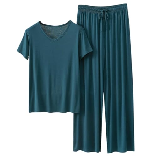 Cocila Sommer Schlafanzug Damen Pyjamas Set Kurzarm Nachtwäsche Set Casual Zweiteiliger mit Lang Pyjamahose und Shirt Licht und Ausschreibung Elastischer Bund Sleepwear von Cocila