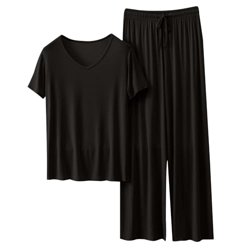 Cocila Sommer Schlafanzug Damen Pyjamas Set Kurzarm Nachtwäsche Set Casual Zweiteiliger mit Lang Pyjamahose und Shirt Licht und Ausschreibung Elastischer Bund Sleepwear von Cocila