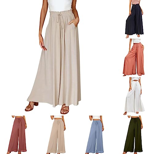 Cocila Sommerhose Damen Leicht Einfarbige Wide Leg Hose High Waisted Freizeithose Gummiband Yogahose Kordelzug Straight Bein Hose von Cocila