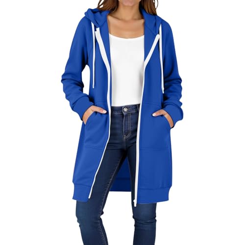 Cocila Sweatjacke Damen Lang mit Kapuze Fleecejacke Herbst Winter Übergangsjacke Casual Einfarbig Kapuzenpullover Langarm Oversized Hoodie Kapuzenjacke mit Reißverschluss und Taschen von Cocila