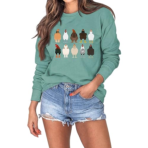 Cocila Sweatshirt Damen Herbst Winter Pullover mit Huhn Aufdruck Modisches Langarmshirt Rundhalsausschnitt Pullover Retro Longshirt von Cocila