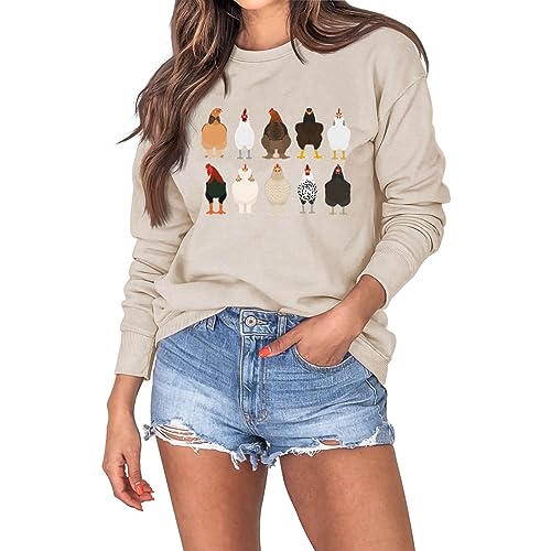 Cocila Sweatshirt Damen Herbst Winter Pullover mit Huhn Aufdruck Modisches Langarmshirt Rundhalsausschnitt Pullover Retro Longshirt von Cocila