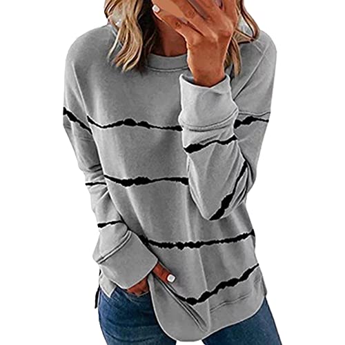 Cocila Sweatshirt Damen Lässige Langarm Pullover ohne Kapuze Rundhals Warm Pulli Oversized Streifen Tunika Bequeme Langarmshirts Herbst Winter Bluse Tops T Shirt Sport von Cocila