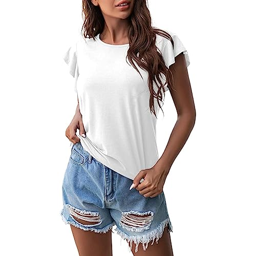 Cocila T Shirt Damen Sommer Rundhalsausschnitt Kurzarm Oberteil Einfarbige Lässige Rüschen Ärmel Tanktop Elegantes Bequeme Strandtop von Cocila