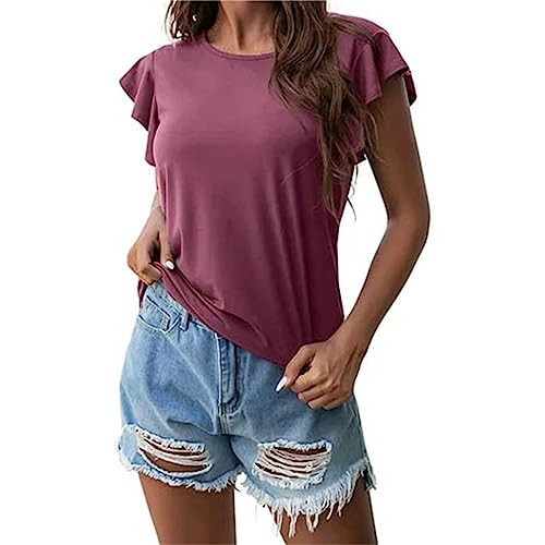 Cocila T Shirt Damen Sommer Rundhalsausschnitt Kurzarm Oberteil Einfarbige Lässige Rüschen Ärmel Tanktop Elegantes Bequeme Strandtop von Cocila