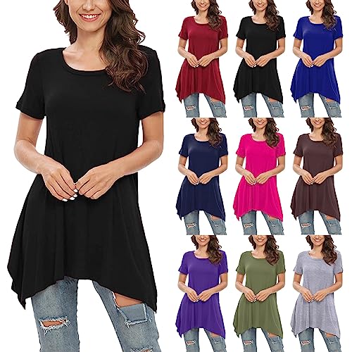 Cocila Tunika Damen Kurzarm Sommer Oberteile Elegant Rundhalsausschnitt Longshirt Lässig Sommer Tuniken Einfarbige Unregelmäßiger Saum T Shirt von Cocila