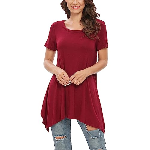 Cocila Tunika Damen Kurzarm Sommer Oberteile Elegant Rundhalsausschnitt Longshirt Lässig Sommer Tuniken Einfarbige Unregelmäßiger Saum T Shirt von Cocila