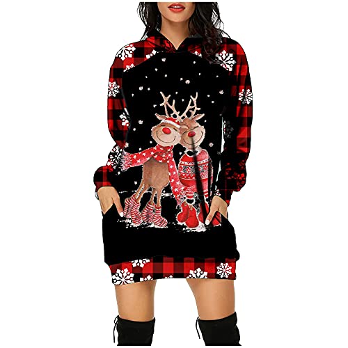 Cocila Weihnachtskleid Damen Weihnachtspullover Langarm Hoodie Kleid Weihnachts Pulloverkleider Hoodie Kapuzenpulli Rentier Print Kapuzenpullover Kleid Langes Weihnachts Pulli Weinachtspulli von Cocila