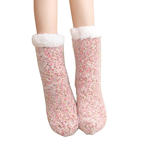 Cocila Wintersocken Herren Damen Bodensocken Erwachsene Schneesocken Schlafsocken Teppichsocken Und Winter Zuhause Warme Verdickte Plüschhausschuhe Socken Gestreifte (Pink, One Size) Weiß 39-42 von Cocila