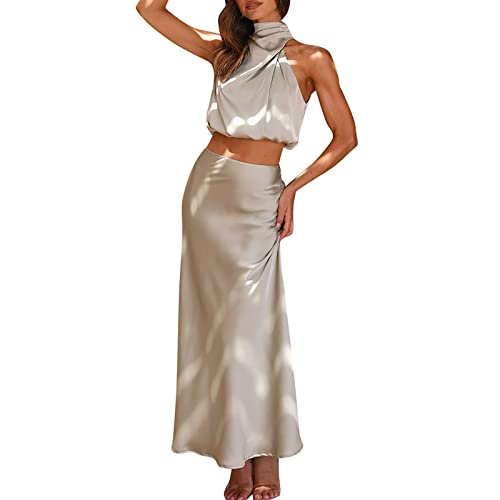 Cocila Zweiteiler Damen Rock und Top Sommer Langes Formales Satin Kleid Stehkragen Ärmellos Seitenschlitz Flowy Maxi Tank Zweiteiliges Oberteil und Rock Japanische Schuluniform von Cocila