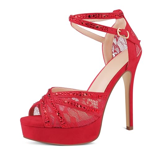 Cociy Damen Plateau-Pumps Peep-Toe Pumps Sexy Mesh Stilettos Glitzernde Strass High Heels Knöchelriemen Schuhe für Party Tanz Abschlussball, Rotes Wildleder, 41 EU Cociy Damen Plateau-Pumps Peep-Toe Pumps Sexy Mesh Stilettos Glitzernde Strass High Heels Knöchelriemen Schuhe für Party Tanz Abschlussball, Rotes Wildleder, 41 EU von Cociy