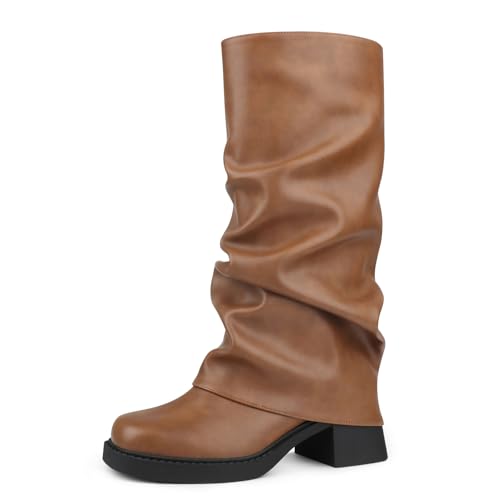 Cociy Faltstiefel für Damen, weite Wadenstiefel, quadratische Zehenpartie, 5,1 cm, Blockabsatz, Moto-Biker-Schuhe, Braun, 39.5 EU von Cociy