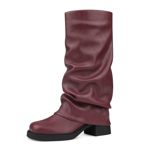 Cociy Faltstiefel für Damen, weite Wadenstiefel, quadratische Zehenpartie, 5,1 cm, Blockabsatz, Moto-Biker-Schuhe, Burgunder, 39.5 EU von Cociy