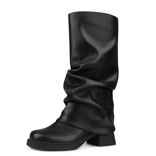 Cociy Faltstiefel für Damen, weite Wadenstiefel, quadratische Zehenpartie, 5,1 cm, Blockabsatz, Moto-Biker-Schuhe, Schwarz, 37 EU von Cociy