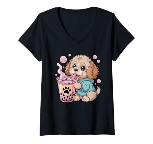 Damen Niedlicher Cockapoo-Welpe und Bubble Tea Kawaii-Liebhaber T-Shirt mit V-Ausschnitt Damen Niedlicher Cockapoo-Welpe und Bubble Tea Kawaii-Liebhaber T-Shirt mit V-Ausschnitt von Cockapoo Boba Tea Enthusiasts Apparel Co.