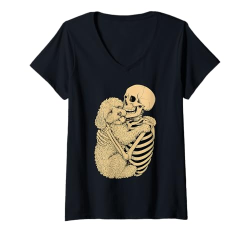 Damen Skeleton Hugging Cockapoo Dog Halloween T-Shirt mit V-Ausschnitt Damen Skeleton Hugging Cockapoo Dog Halloween T-Shirt mit V-Ausschnitt von Cockapoo Mom Messy Bun Hair tee