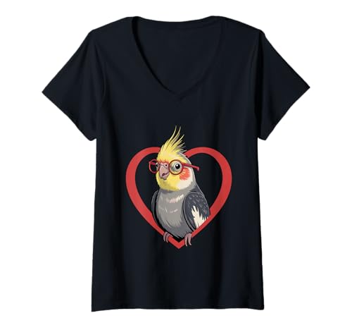 Damen Herz Nymphensittich Brille Nymphensittiche Weiro T-Shirt mit V-Ausschnitt von Cockatiel Birdwatching Lover Gifts