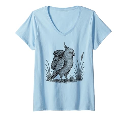 Damen Wandern Nymphensittiche Rucksackreisen Natur Tier Vogelliebhaber T-Shirt mit V-Ausschnitt Damen Wandern Nymphensittiche Rucksackreisen Natur Tier Vogelliebhaber T-Shirt mit V-Ausschnitt von Cockatiel Hiker Trekking Hike Merch.