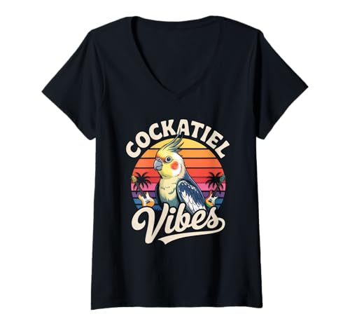 Damen Nymphensittich-Vibes Retro Sonnenuntergang Papageienliebhaber T-Shirt mit V-Ausschnitt von Cockatiel Mom Exotic Pet Bird Owner