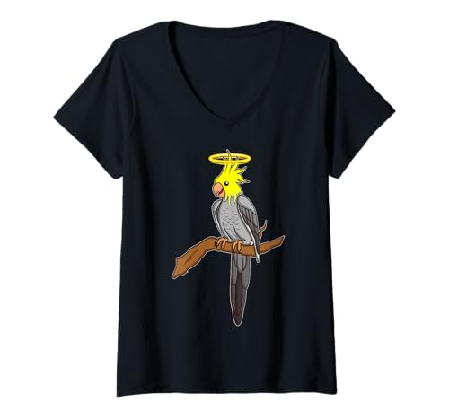 Damen Nymphensittiche, Heiligenschein, spiritueller Vogel, Engel Tierkunst T-Shirt mit V-Ausschnitt von Cockatiel Nature Drawing Peaceful Wings