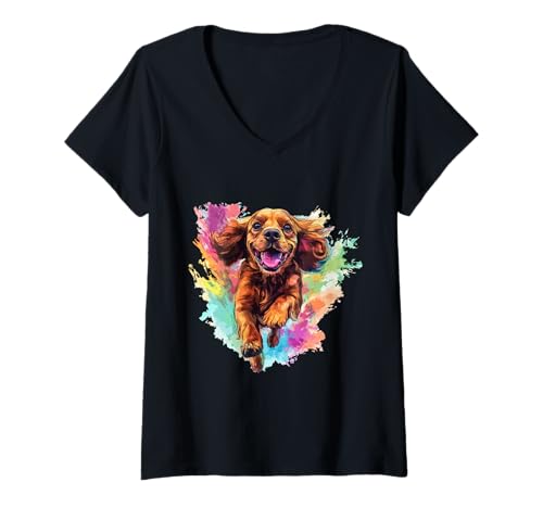 Damen Cockerspaniel-Liebhaber, farbenfroher Splash-Art-Cockerspaniel T-Shirt mit V-Ausschnitt Damen Cockerspaniel-Liebhaber, farbenfroher Splash-Art-Cockerspaniel T-Shirt mit V-Ausschnitt von Cocker Spaniel Dog Lover Art Designs