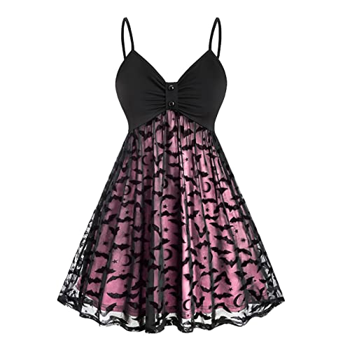 Cockjun 1950er Jahre Kleider für Frauen Halloween Kleid Neckholder Kleider Garten Party Kleid Goth Kleid Damen Übergröße ic Kleid Fledermausleine Kleid Halskleid Rosa Damen Plue Größe ic Kleid Gürtel von Cockjun