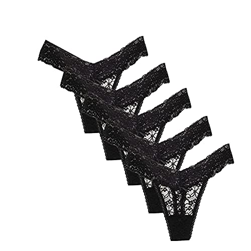 Cockjun Damen Dessous Unterwäsche G String Tangas für Damen Sexy Tanga Hosen Pack Spitze Weich 5er Pack Transparente Spitze Aushöhlen Low Waist Tanga T Pants 5 Paar Schwarz Schwarz M von Cockjun