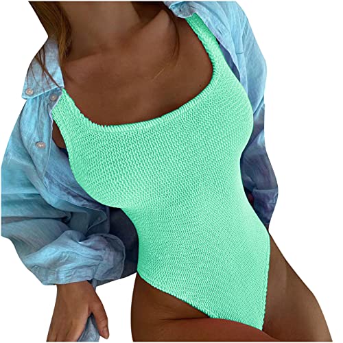 Cockjun Damen Falten Tuch Welle Fluoreszierende Farbe Mode Einteiliger Badeanzug Badeanzug Damen Crinkle Tuch Welle Fluoreszierend Mode Einteiliger Badeanzug Bademode Mintgrün XXL von Cockjun