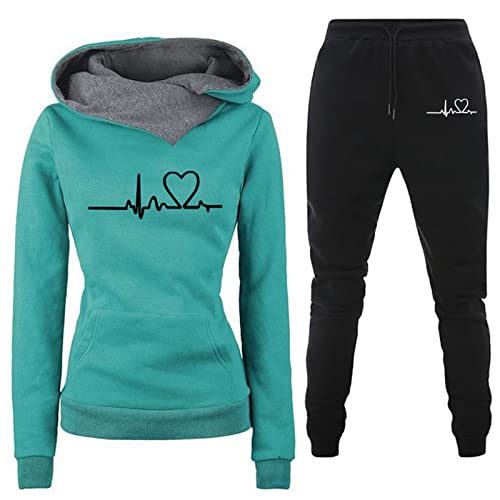 Cockjun Damen Hoodies Pullover für Damen Casual Fashion Solid Heartbeat Print Sweatshirt Hose Set Grün von Cockjun