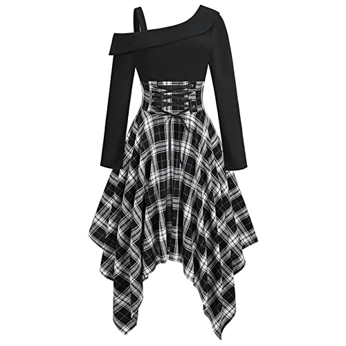 Cockjun Empire-Taille Kleid für Damen Kleid Langarm Kleid Goth Kleid Rundhalsausschnitt Gürtel für Kleider Damen Retro Hoch Gitter Makings Kleid Damen Retro Plaid Hoch Temperament Kleid Schwarz XXL von Cockjun