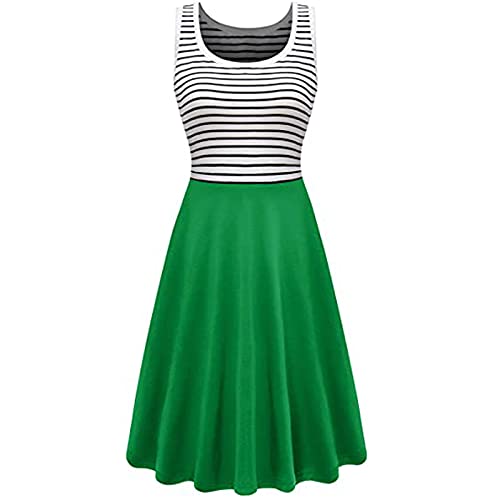 Cockjun Gestreift Knielang Strandkleider Damen Sommer Faltenrock Midi Große Größen Kleid für Damen Ärmellos Crew Neck Damen Cute Shift Kleid Boho Sexy Kleider von Cockjun