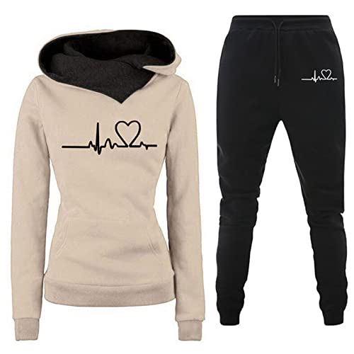 Cockjun Hoodies für Damen Pullover Damen Pullover Damen Casual Fashion Solid Heartbeat Print Hosen Set Khaki Damen Solid Love Hosenanzug von Cockjun