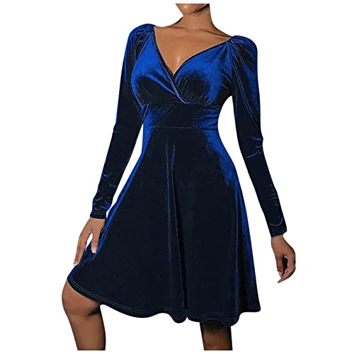 Cockjun Langarm V-Ausschnitt Empire-Taille Kleid für Damen Formelle Kleidung Abendgesellschaft für Gäste Samtkleid Damen V-Ausschnitt Massivgold Hochkleid Massivgold Hochkleid Kleid Kragenkleid Dunke von Cockjun