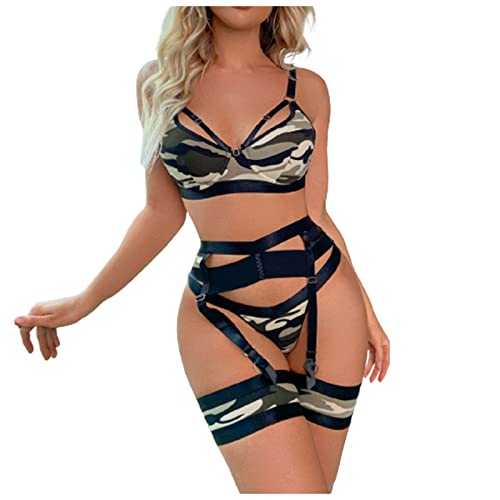 Cockjun Ouvert-Dessous für Damen Nahtlose Unterwäsche Damen BH Höschen Unterwäsche Unterhose Strumpfband Rollenspiel-Sets BH Höschen Strumpfband Set Camo XXL von Cockjun