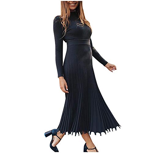 Cockjun Rundhals-Strickkleid, Langarmkleid, Plisseekleid, Mode, Damen, festes Kleid, Bodenbildung, Damen, Herbst und Winter, mittellanger Pullover, festes Kleid, Schwarz L von Cockjun